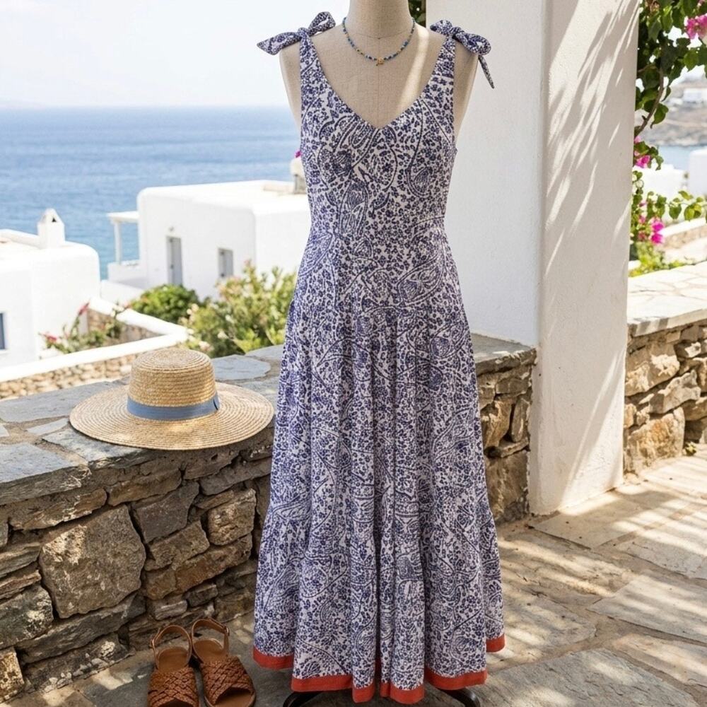 THML Vacay Blue and White Paisley Floral Tie-Shoulder Flowy Maxi Dress- Sz S